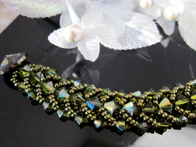 RESERVED Listing for Mary: Green Olivine Woven Bracelet created with Swarovski Crystals