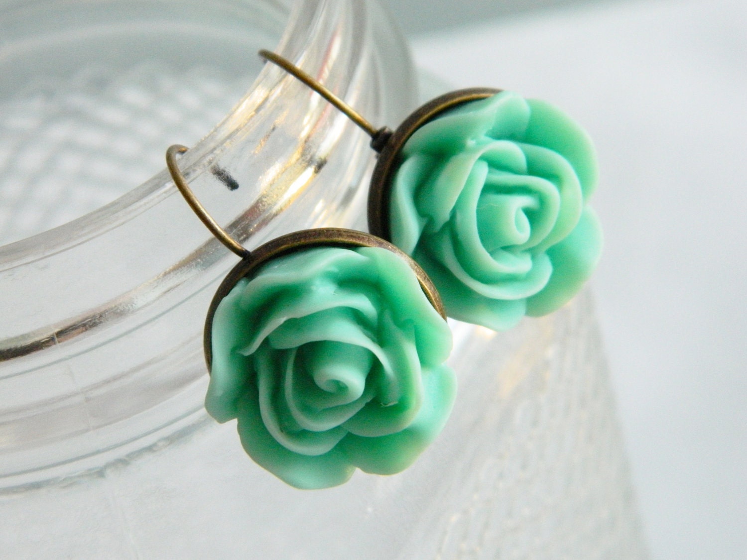 Retro Chic Earrings Vintage Style Mint Green Roses - Jadeite Queen