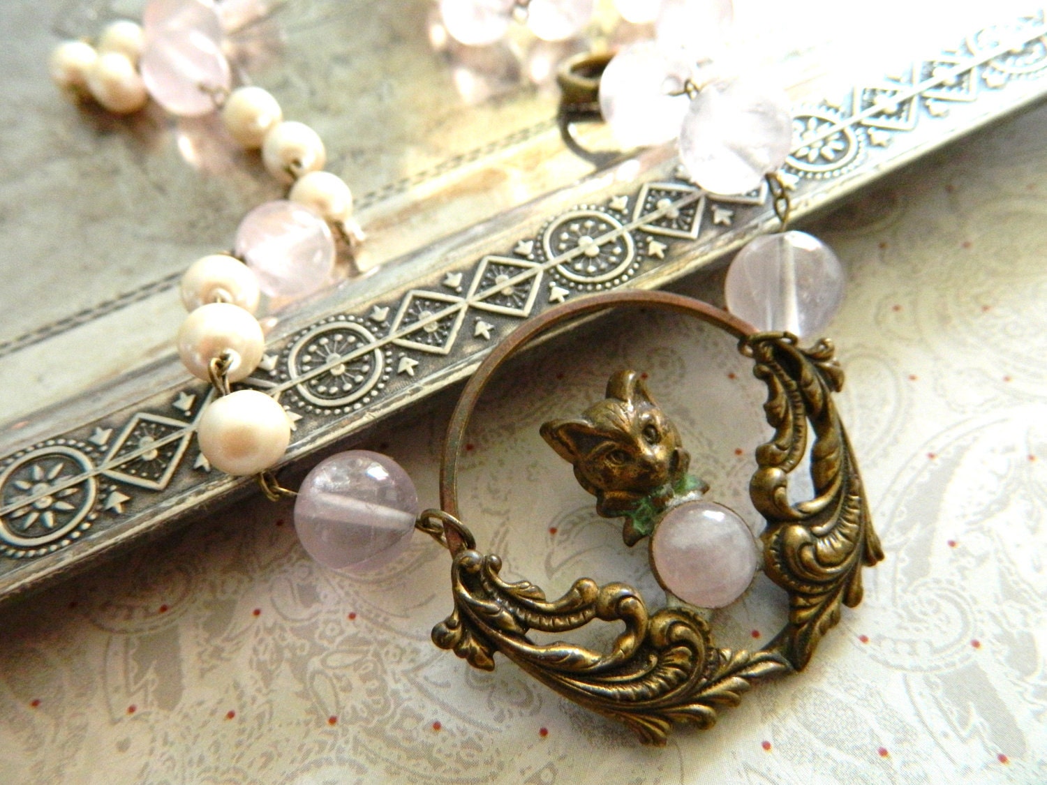 Mother's Day Necklace Earring Set Vintage Pink Rose Quarts & Victorian Brass Cat - Chat Rose