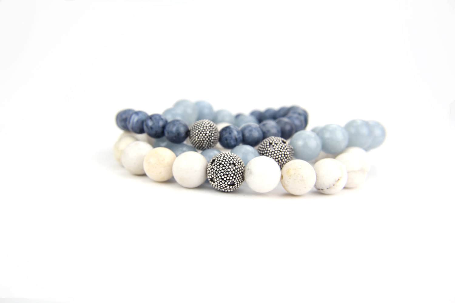 Denim Blue Gift Gemstone Sterling Silver Stacking Bangles:  Ocean Waves