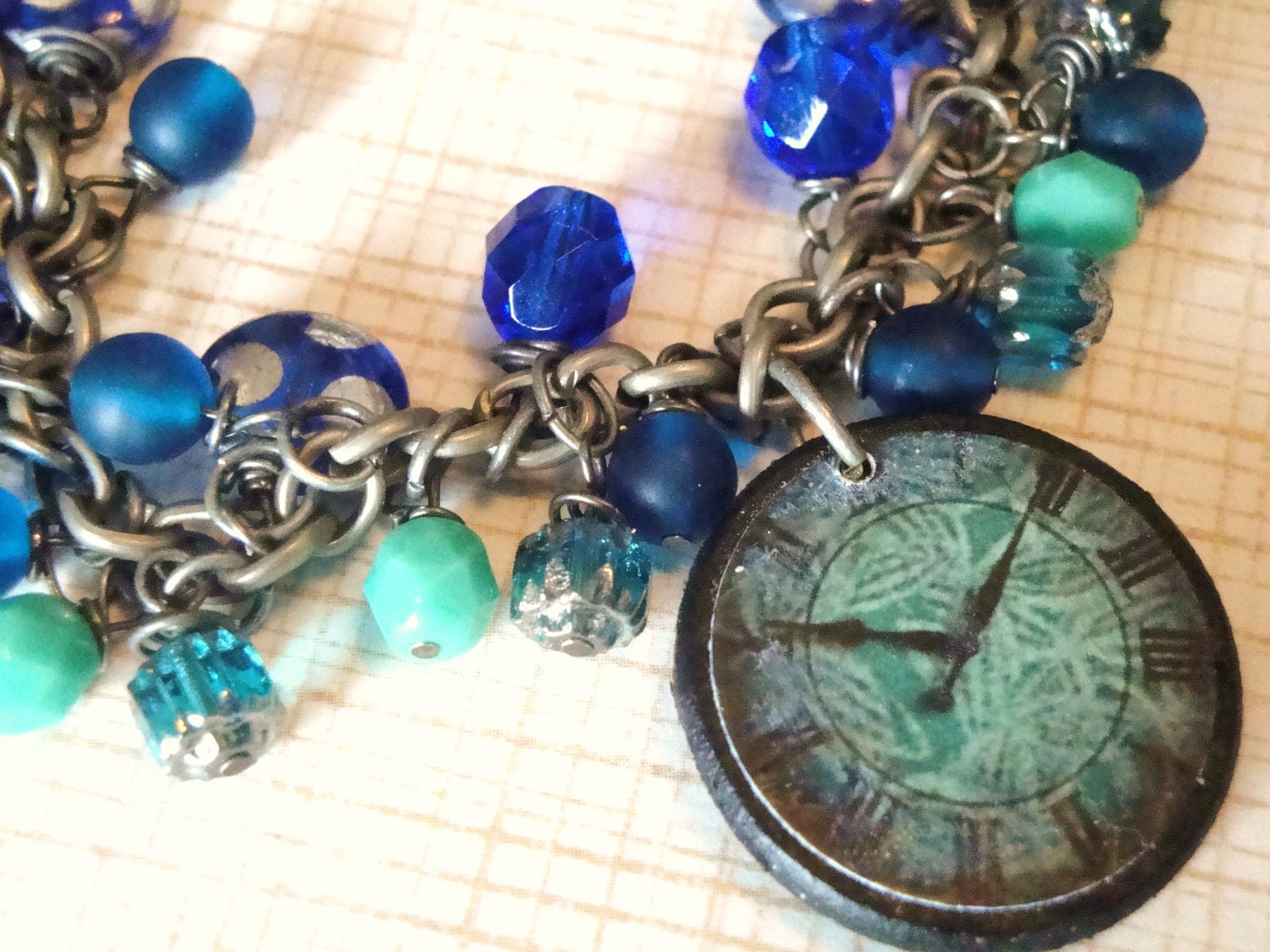 Czech Cha Cha Bracelet in blues and teals with fun Clock Tile Bracelet