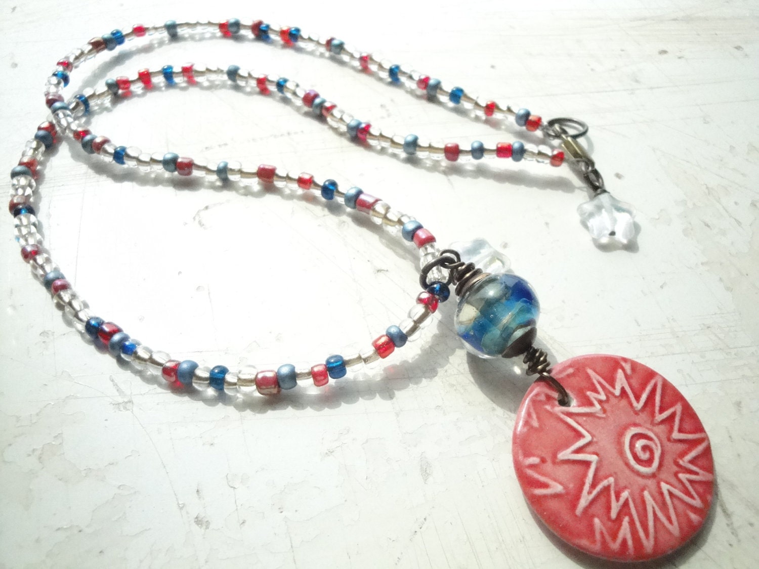 Patriotic July 4 indpendence Olympic Red White Blue Firework Ceramic Necklace