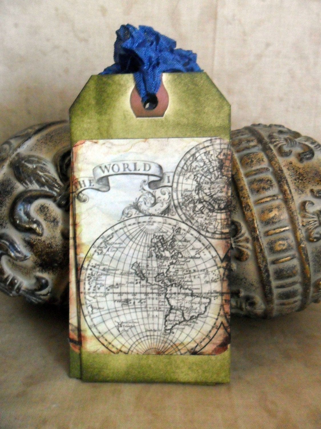 Vintage Maps on Dark English Green Tags with Seam Binding Ribbon