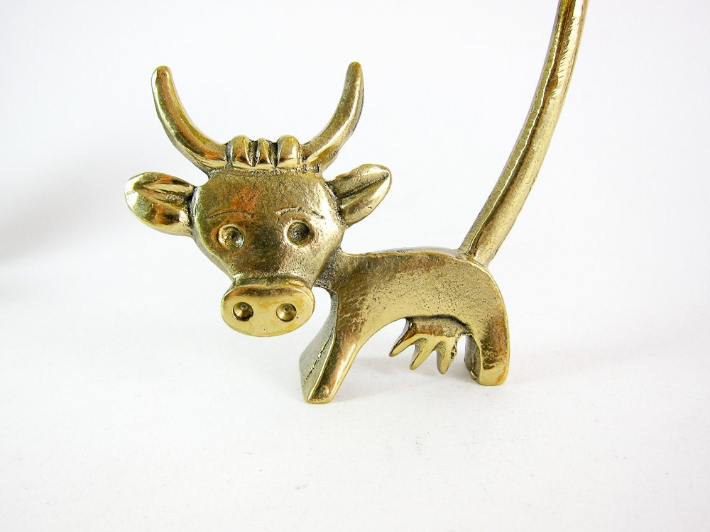 Vintage ORIGINAL Modernist Austrian 1960s Brass Cow Figure with Thermometer