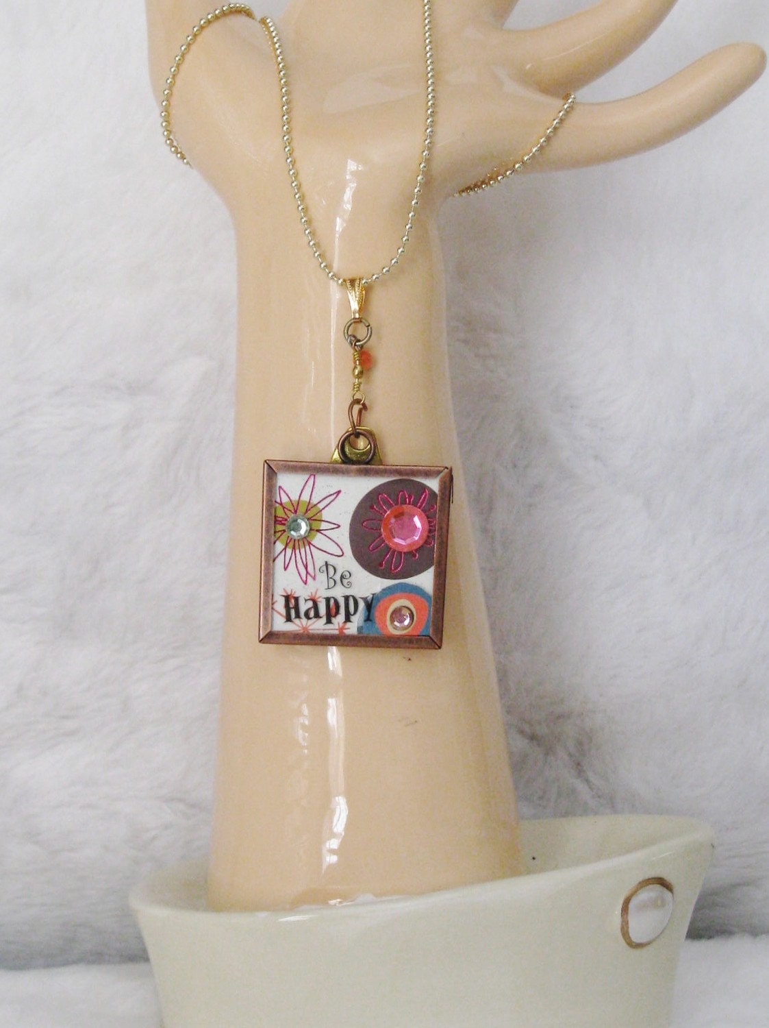 Reversible Retro Copper Be Happy Charm Necklace