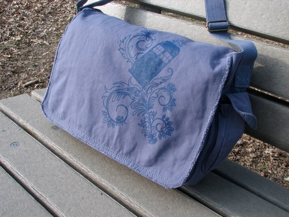 Henna Police Box Denim Blue Cotton Canvas  Large Messenger Bag