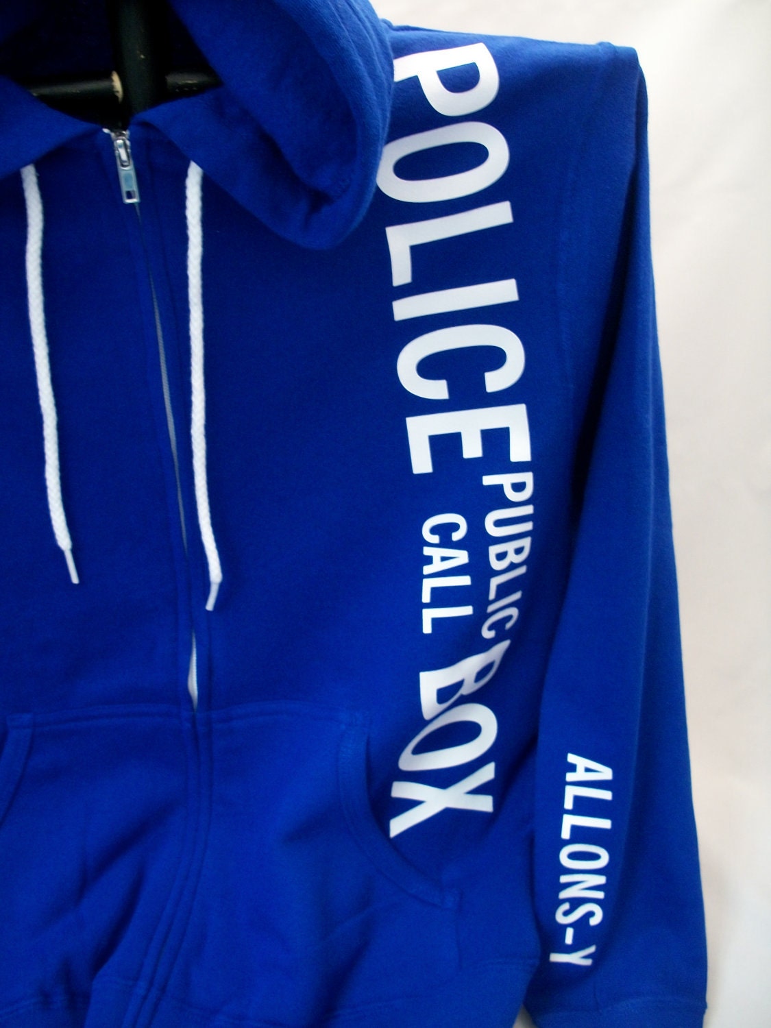 UPGRADED Police Box Hoodie Cobalt Blue With Sleeve Lettering Added Made To Order