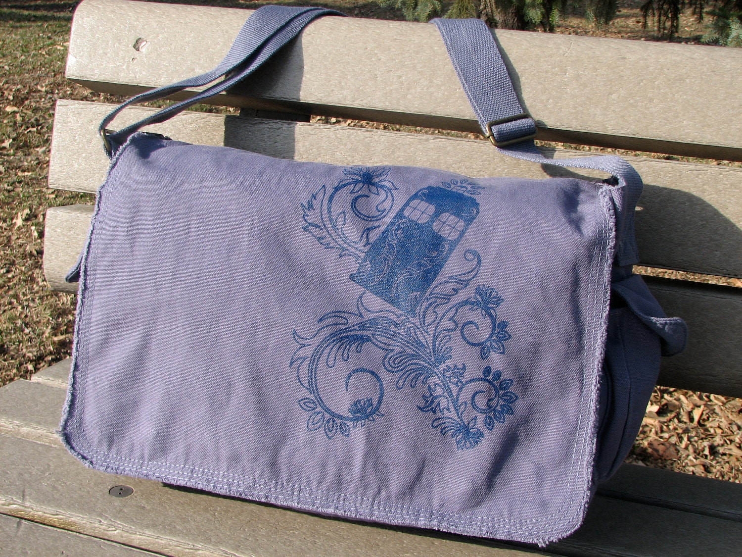 Henna Police Box Denim Blue Cotton Canvas  Large Messenger Bag