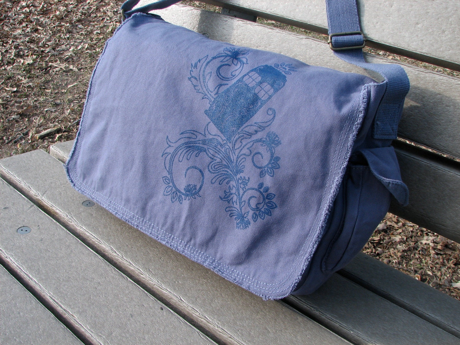 Henna Police Box Denim Blue Cotton Canvas  Large Messenger Bag
