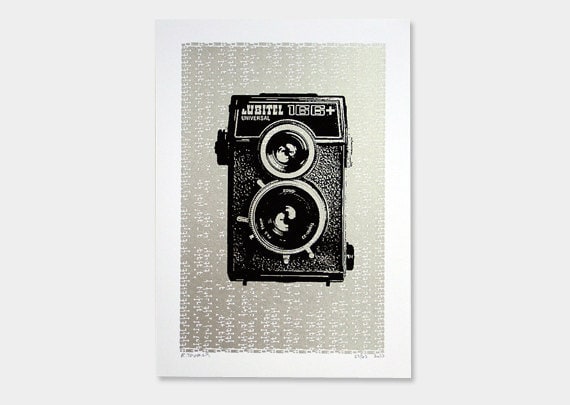 Camera Art Print - Vintage Industrial Silver - Hand Printed - 5X7