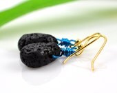 Lava Rock earrings - 14 karat gold and blue wirewrap - Sands and Seas