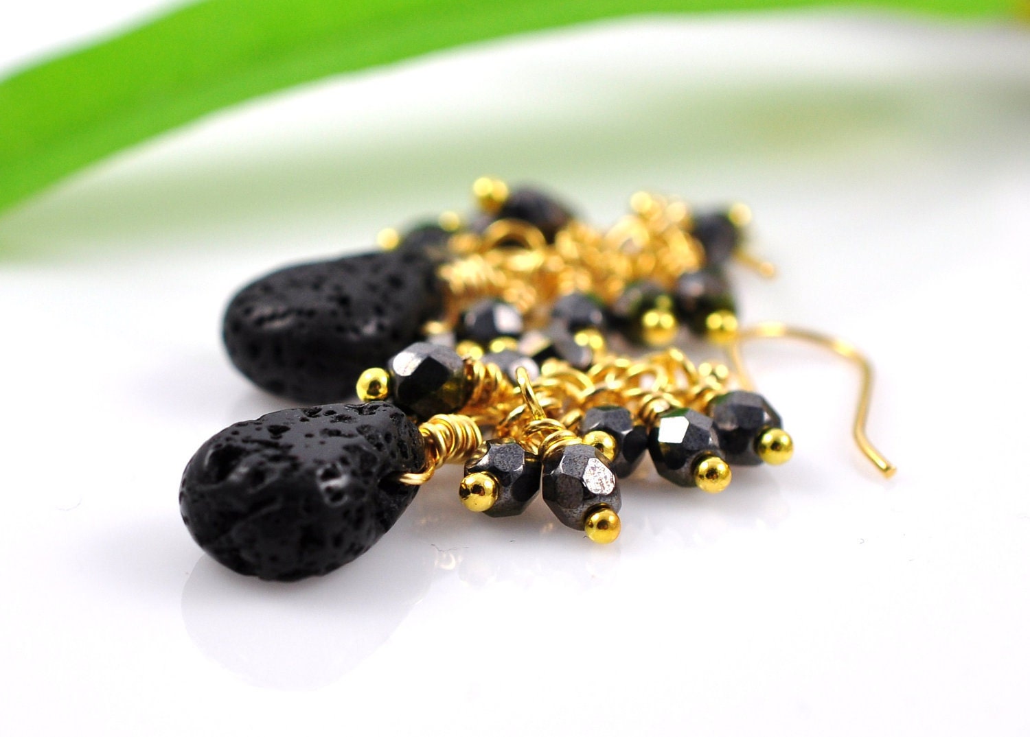 14 karat gold lava earrings - czech glass and hawaiian stone - Kona