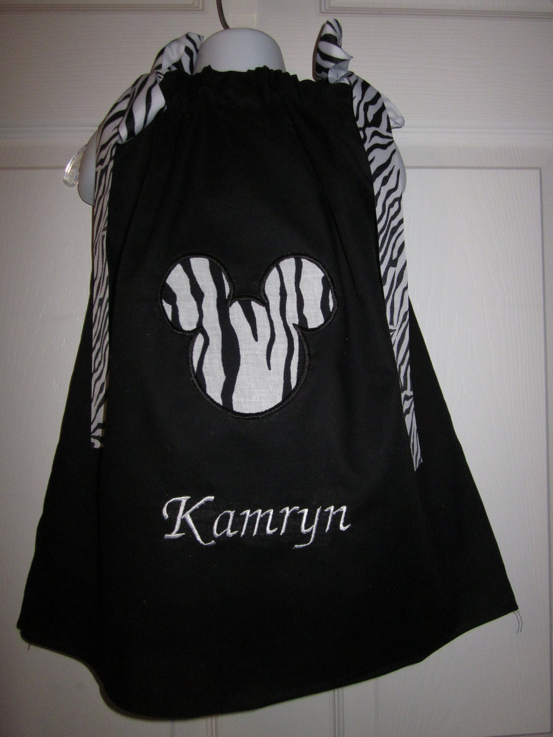 Boutique Pillowcase Dress With Name Disney Minnie Mickey Mouse Black White Zebra 2T, 3T, 4T, 5, 6, 7