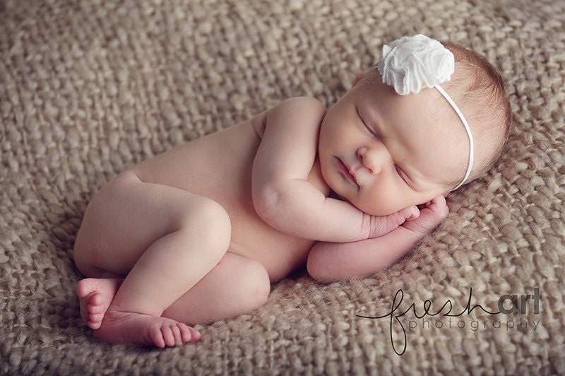 Pom Pom Flower Headband in Cream on Skinny Elastic Newborn/Infant/Toddler/Girl/Adult