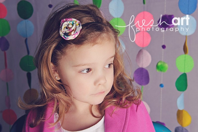 Rolled Fabric Flower Headband Single - Bright Multi-Colored - on Skinny Elastic - Newborn Infant Toddler Girl Adult