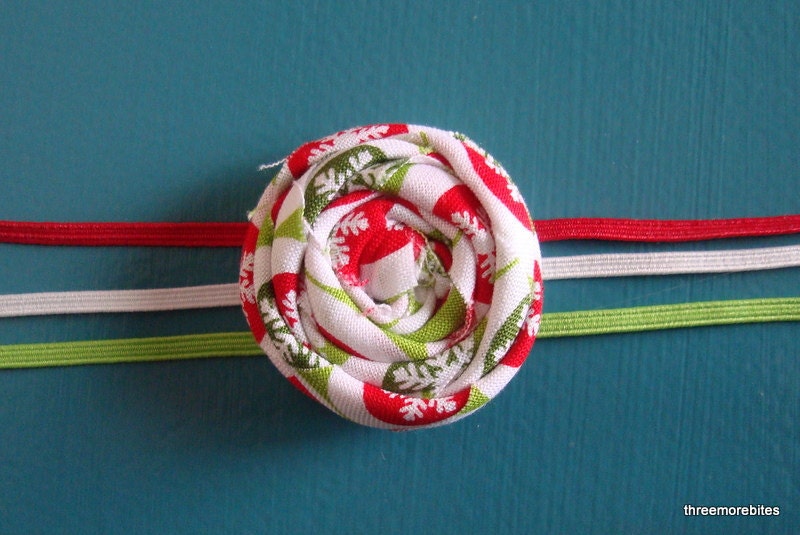 Christmas Rolled Fabric Flower Headband Single - Green and Red - on Skinny Elastic - Newborn Infant Toddler Girl Adult