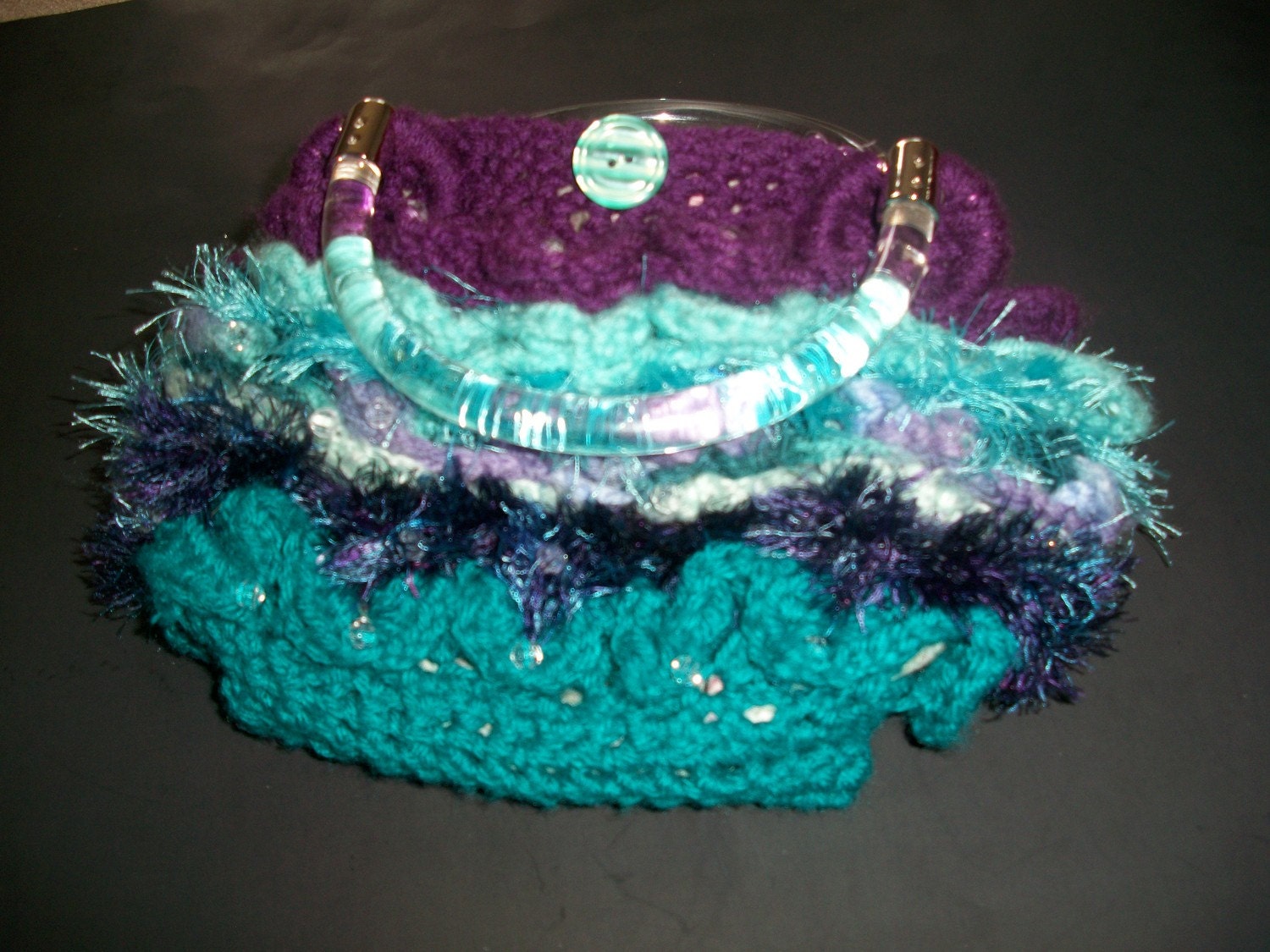 Handbag Crocheted Turquoise and Purple Colors, Textured, Scalloped, Beaded, Lined with Handles a Clasp and Button