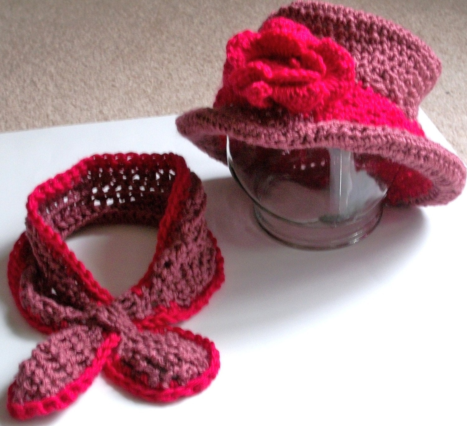 Hat and Scarf Set Crocheted in contrasts of  pink, with a Flower on the Hat