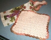 Kitchen Towel and Washcloth Set Crocheted  includes a Grapes Towel, Purple, Olive and Peach