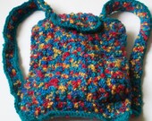 Backpack Crocheted in Bright Colors of Blues, Red, and Yellow, Fully Lined, Bordered with a Drawstring