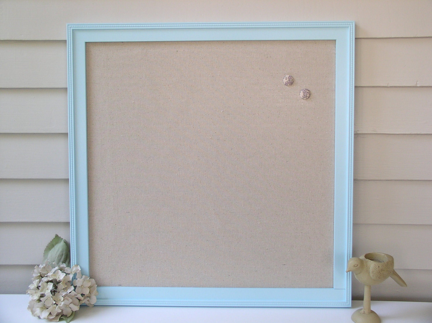 Beach Cottage Magnet Board in Robins Egg Blue - Framed Magnetic Bulletin Memo Board with Unbleached Natural Cotton Fabric - Message Board