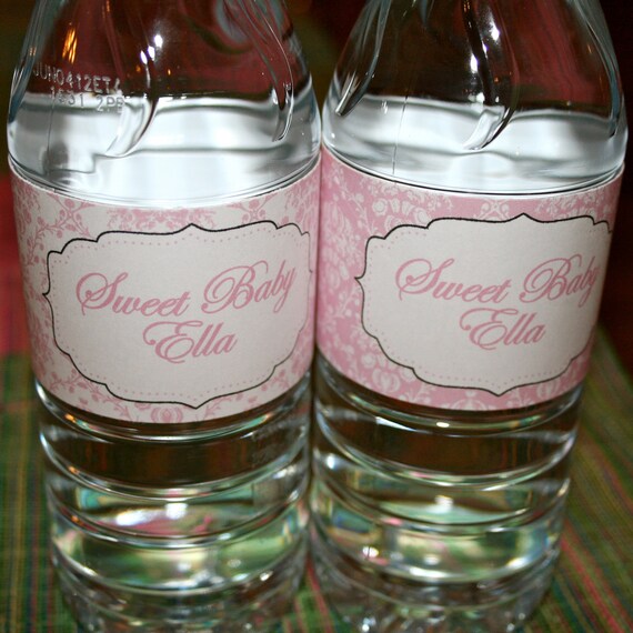 Pink and White Damask Baby Shower- water bottle wrapper- print your own Il_570xn