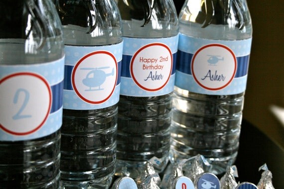 Helicopter Birthday Party Water Bottle Wrappers- digital file- print your own Il_570xn