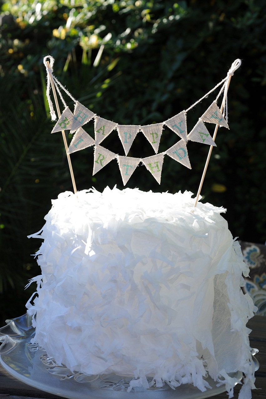 ON SALE - Happy Birthday Pennant Cupcake/ Cake Banner Topper/ Blue and Green - Ready to ship