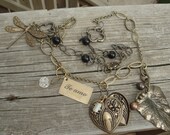 GAME of  THRONES Charm Necklace/ Genuine Onyx MOP .Brass Hearts.Leaves.Rocco.Italian. Rustic.Mothers Day.Versitile jEWELRY