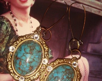 1950s Baroque Roccoco Earrings/Lanister House Game of Thrones/ Turquoise lucite Cabochons/ Earrings SWAROVSKI Crystals/ Light Weight