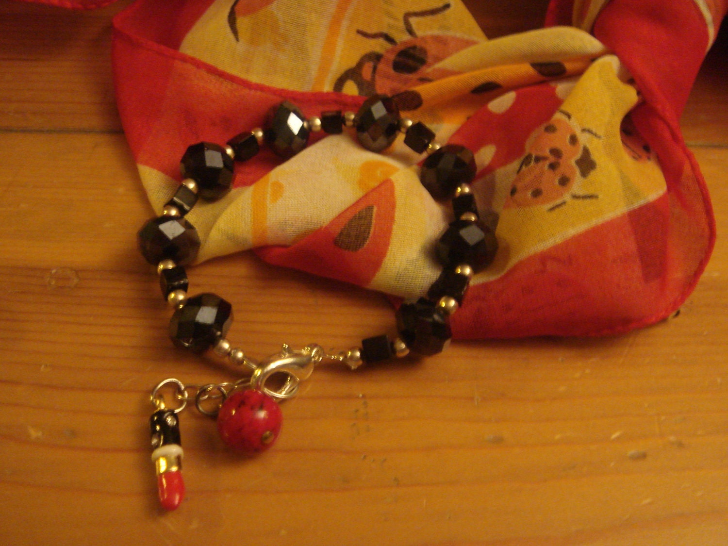 Rita Hayworth Red Make Up Artists BLING STERLING Silver Bracelet  Glam porcelain Lipstick charm dangle giant JET Crystals Genuine Onyx