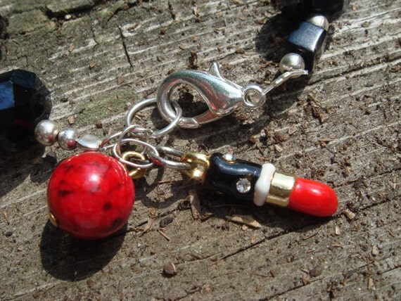 Rita Hayworth Red Make Up Artists BLING STERLING Silver Bracelet  Glam porcelain Lipstick charm dangle giant JET Crystals Genuine Onyx