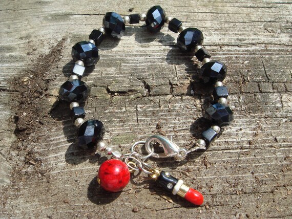 Rita Hayworth Red Make Up Artists BLING STERLING Silver Bracelet  Glam porcelain Lipstick charm dangle giant JET Crystals Genuine Onyx