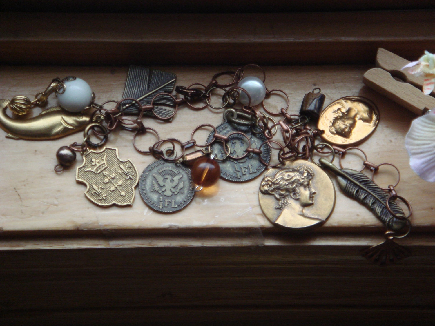 Wenceslas Charm Bracelet. Genuine Pearl Watch Parts. Game of Thrones , Edwardian Regal CHARM BRACELET.One of A kind.Steam Punk EPSTEAM Sale