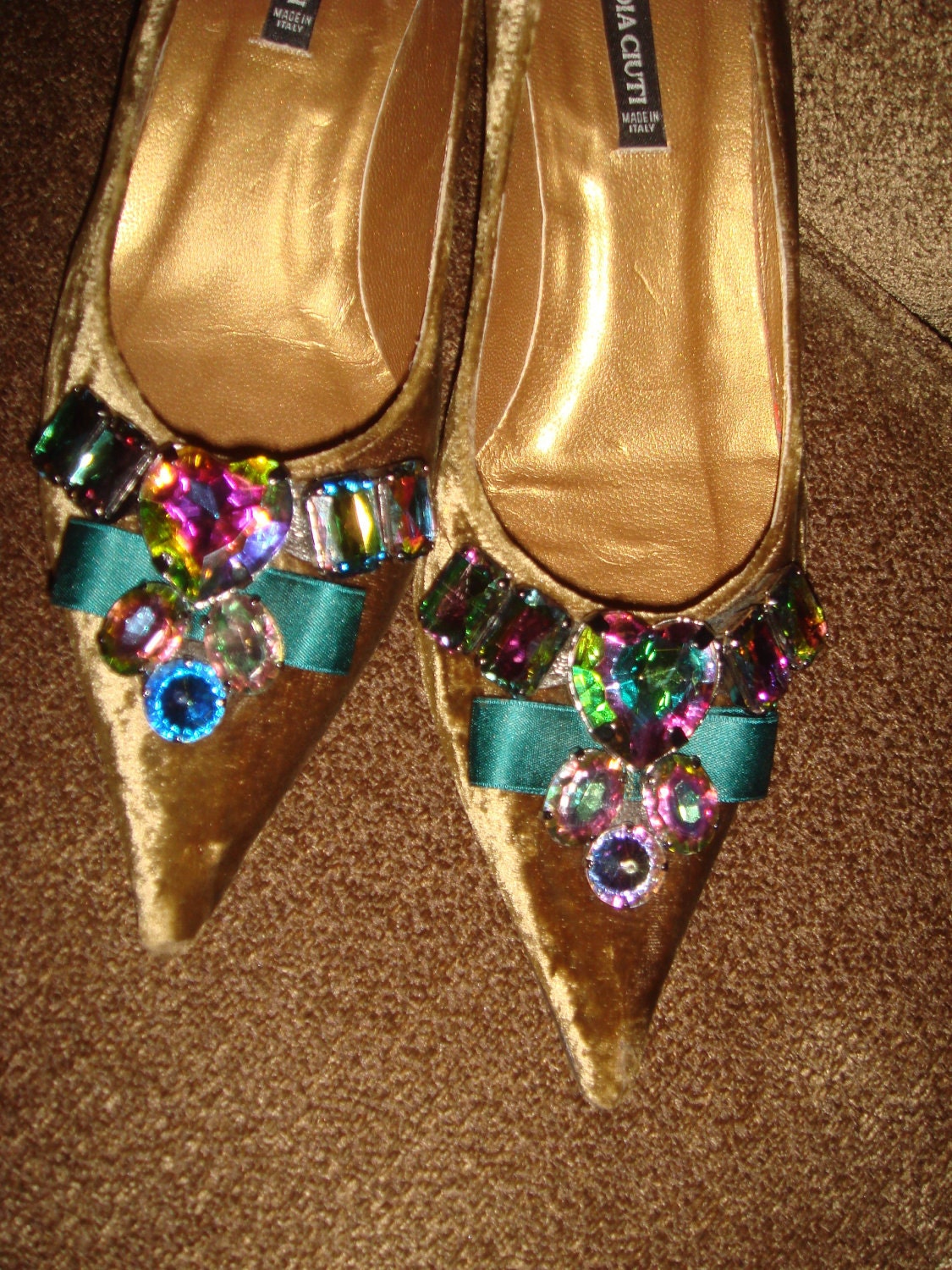 Fall Brown Suede Giant GLASS Slipper Shoes/ Bejeweled pumps/Vintage Ladies Shoes/ Italian CLAUDIA Ciuti /plush Velour /genuine leather