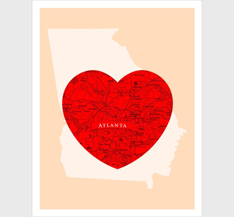Atlanta Art - Map Heart - 11x14 print - Atlanta Georgia art print