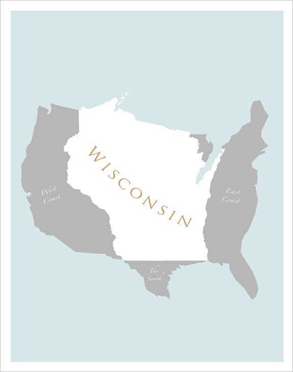11x14 - Map of U.S. featuring Wisconsin - print