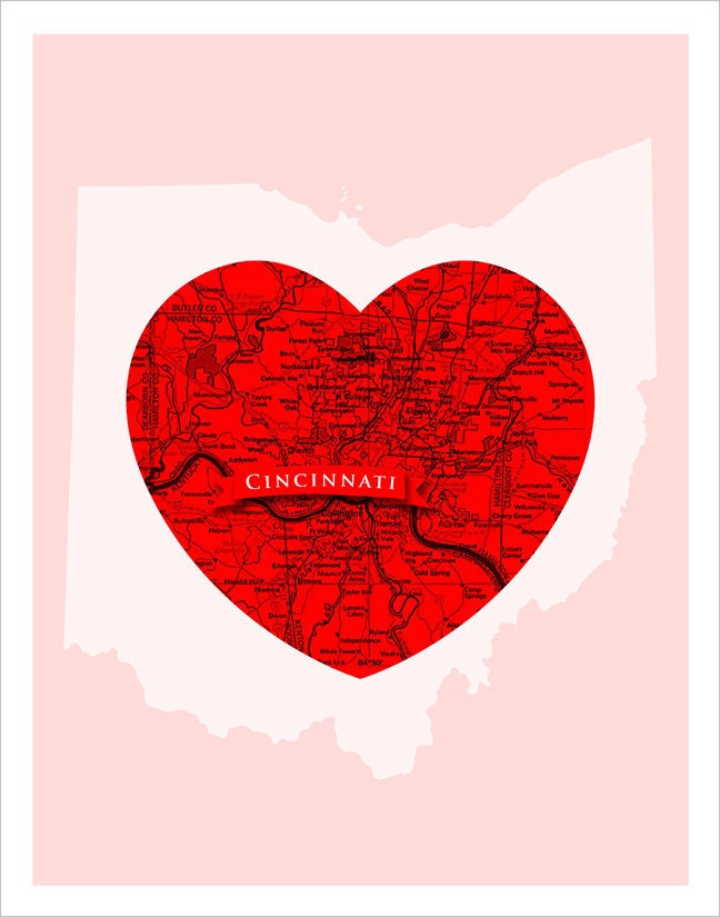 CINCINNATI Heart - 11x14 art print Wall hanging Home decor Cincinnati art
