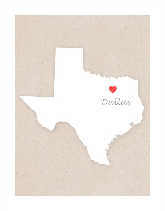 Dallas Texas or Your Town - Simple Heart - 11x14 print