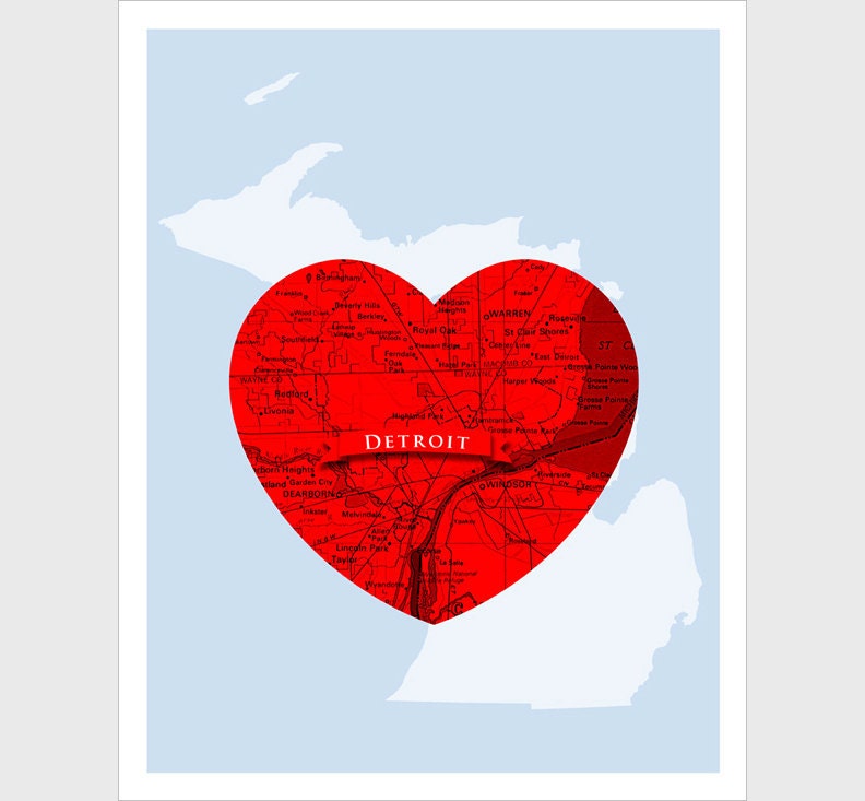 Detroit - Map Heart - 11x14 print