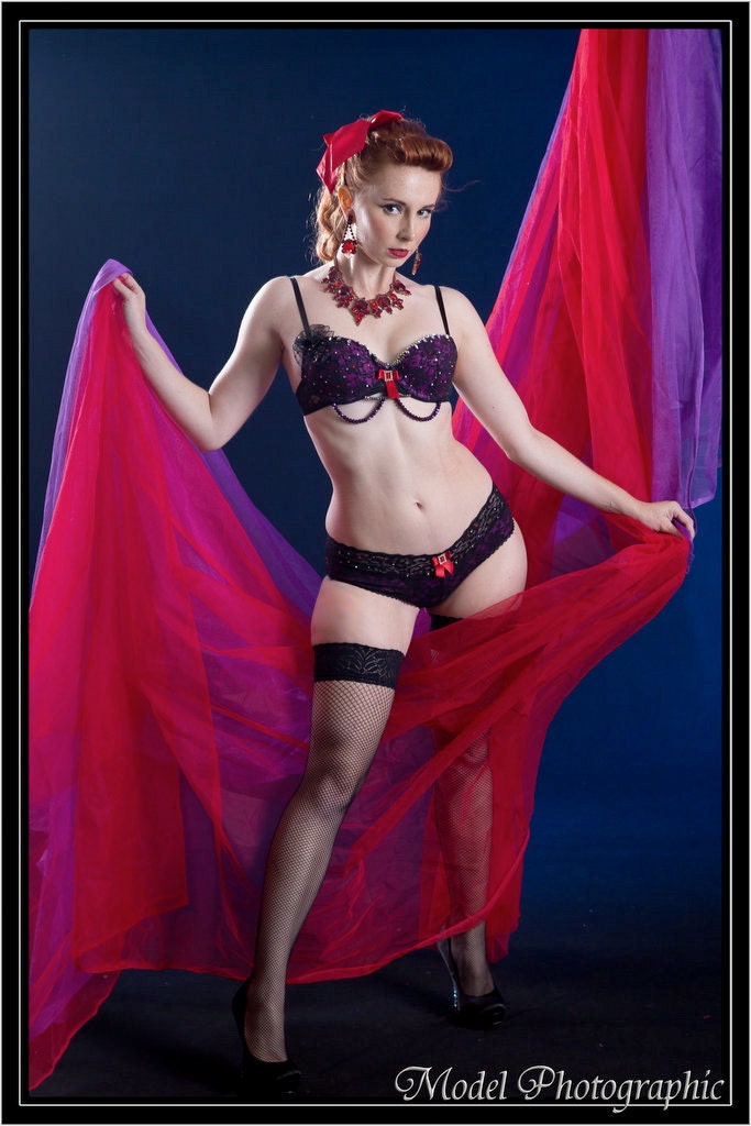 Spooky Carnival: Burlesque Bra and Panty Set in Purple with Black Lace and Crystals