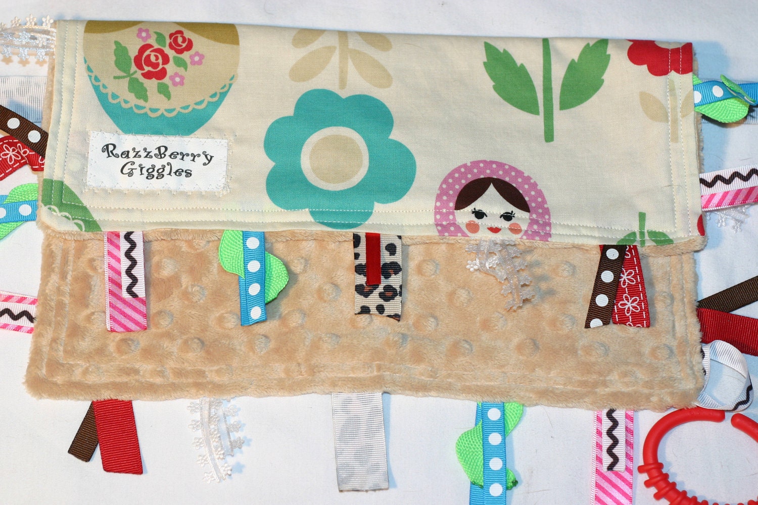 Ribbon Blanket- Matryoshka Nesting Dolls Ribbon Sensory Blanket With Camel Dot Minky For Your Baby Girl