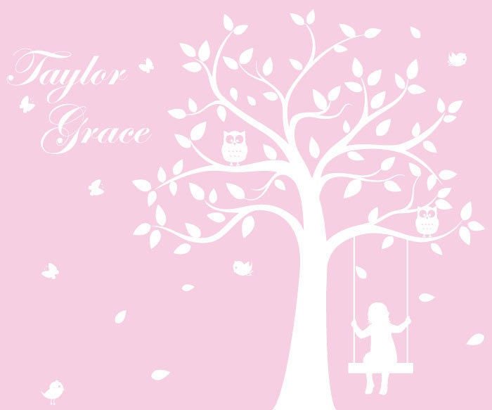 Children's Tree Decal - Vinyl Wall Decals - nursery decals with Butterflies,Birds,Swing & kid