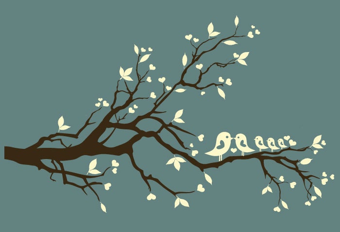 Tree branch - wall decal with leaves, hearts and family of birds - nursery wall art