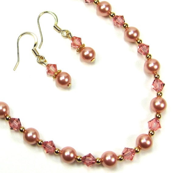 Necklace Earring Set of Rose Peach Pearls Swarovski Crystals New Colors for Spring 2012