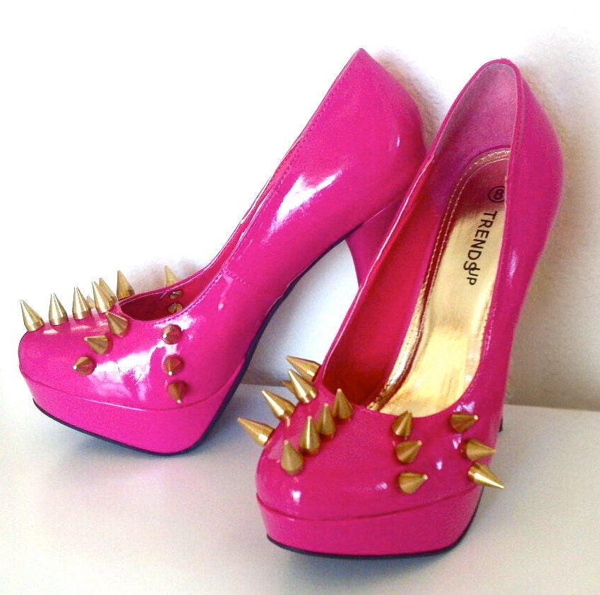 Spike Striped Patent Leather Pumps- Hot Pink