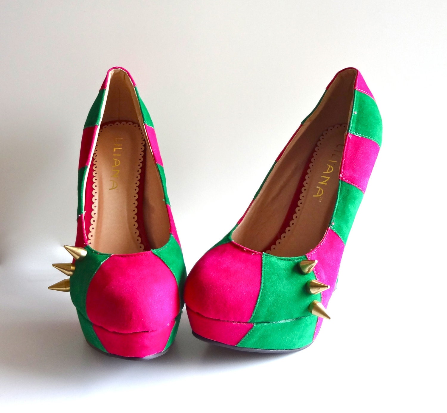 Gold Spiked Suede Pumps- Pink and Green Stripes