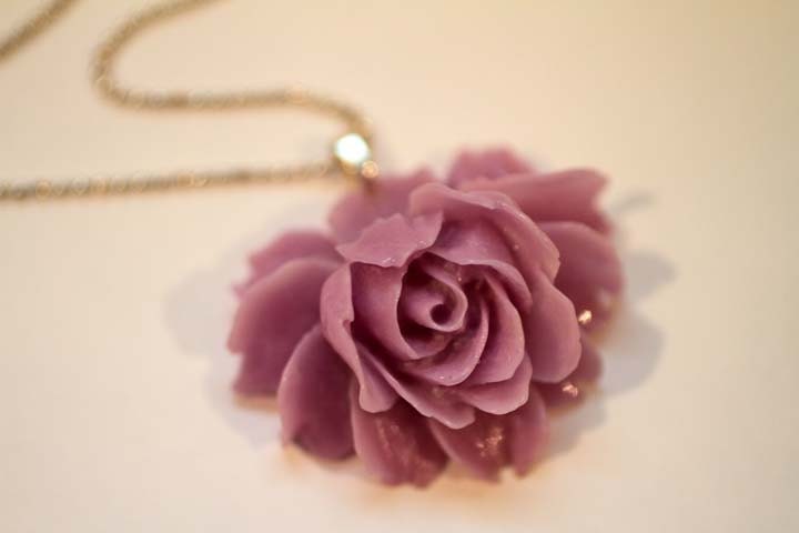 Lilac Rose Cabochon Necklace on Delicate Silver Ball Chain