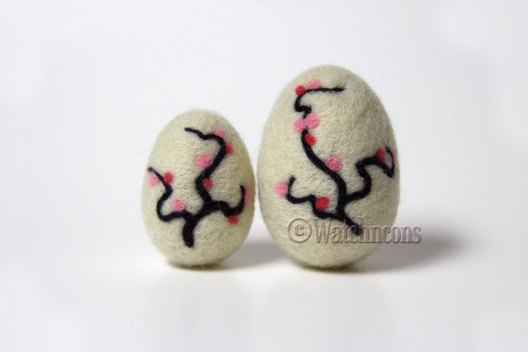 2 Cherry Blossom Decorated Needle Felted Natural Wool Eggs