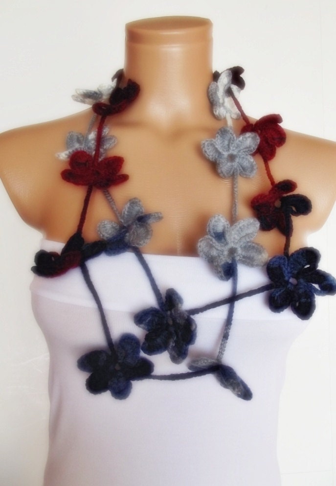 hand crocheted floral scarf lariat grey burgundy navy blue